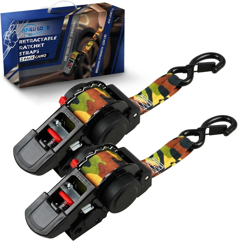 ANLU LOAD ANLULOAD 2 Packs Retractable Ratchet Straps (1.5in x 12.3ft),Cargo Strap Tie Downs for Trunk, Garage Motorcycles, Atvs,Trailers-WLL1,102LbS,BS:2,204Lbs（Camouflage Colour） - Image 1
